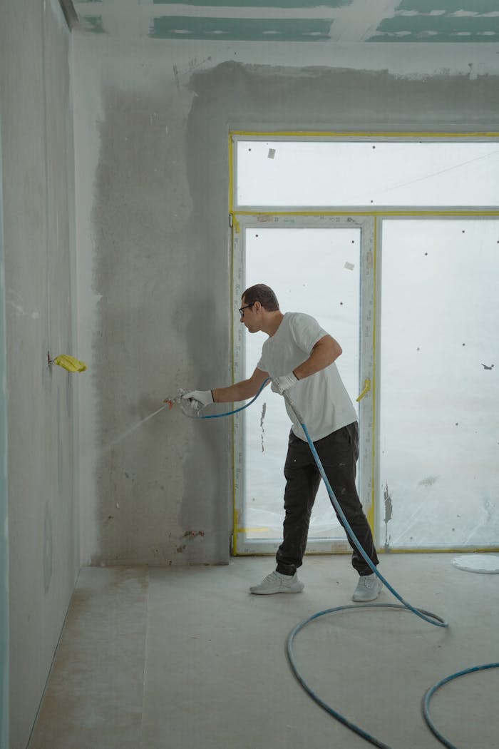A man uses a spray gun to paint an interior wall in a room under renovation.
